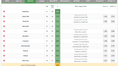 영국 프리미어 리그 2.5골 오버 최다 팀들